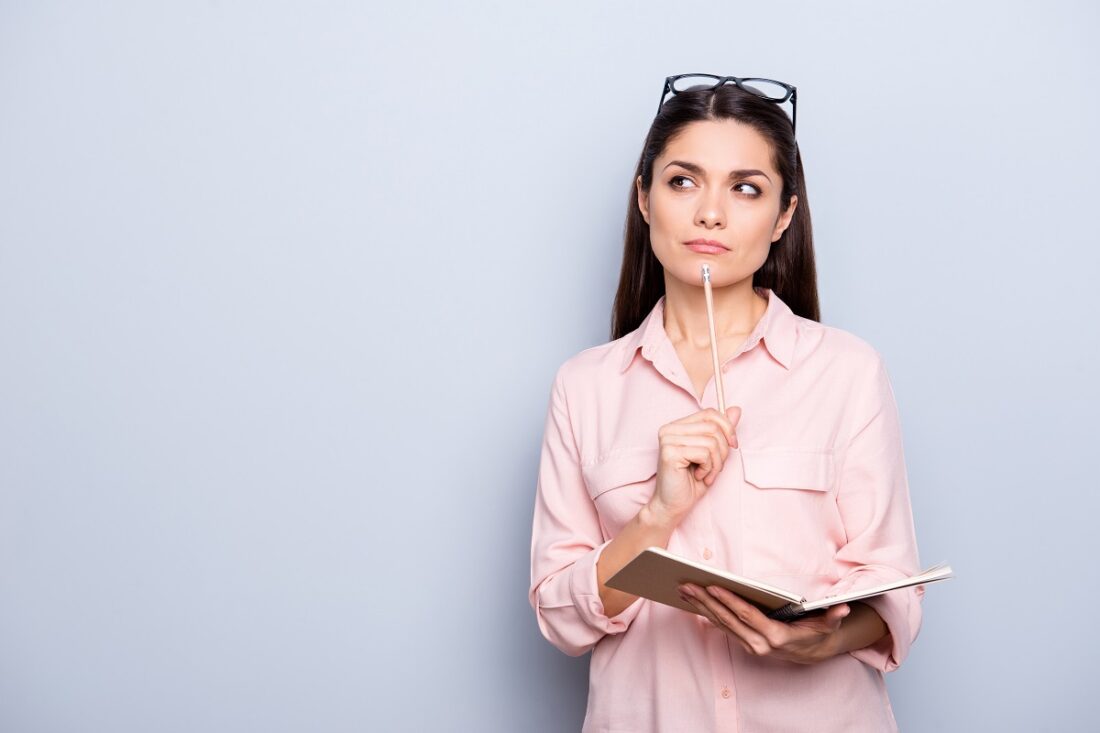 Portrait,With,Copyspace,Of,Thoughtful,Concentrated,Busy,Charming,Woman,Having