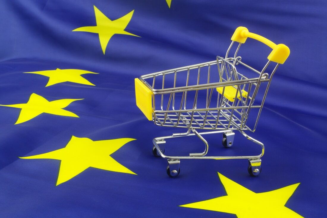 Shopping,Trolley,On,European,Union,Flag.,Shopping,Activity,In,Eu