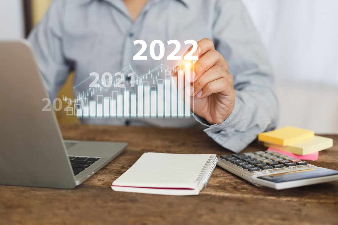 Businessman,Touching,Growth,Graph,Year,2022.,Stock,Exchange,Analyzing,Chart.