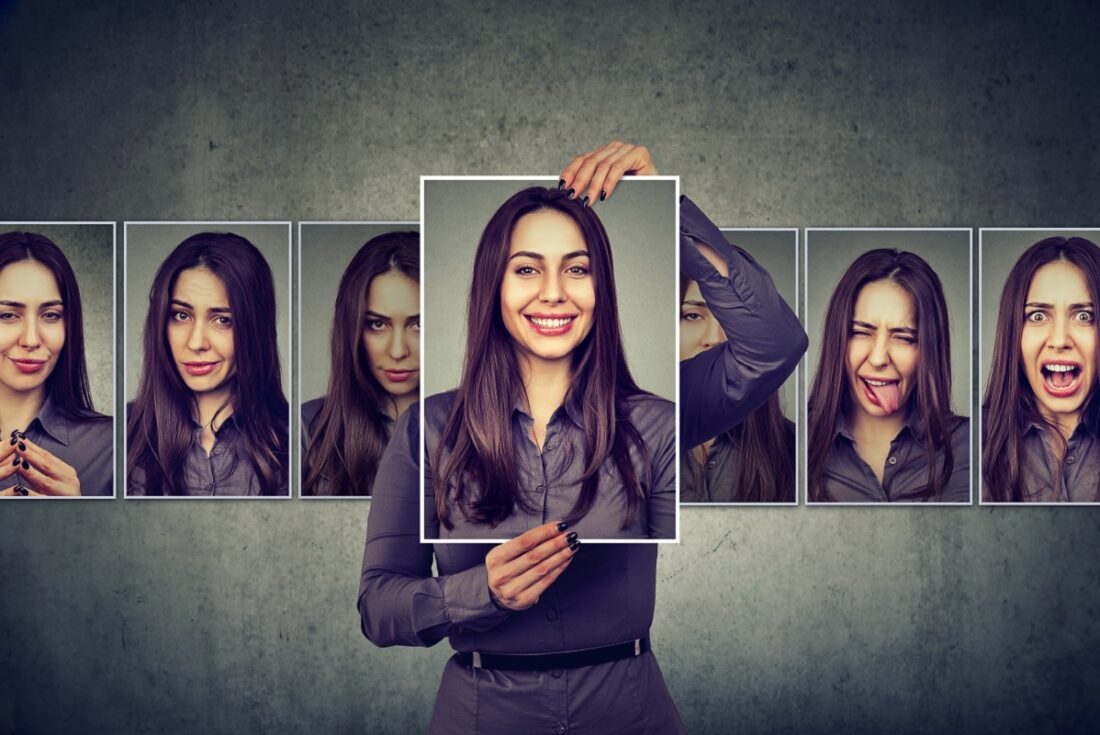 Masked,Woman,Expressing,Different,Emotions