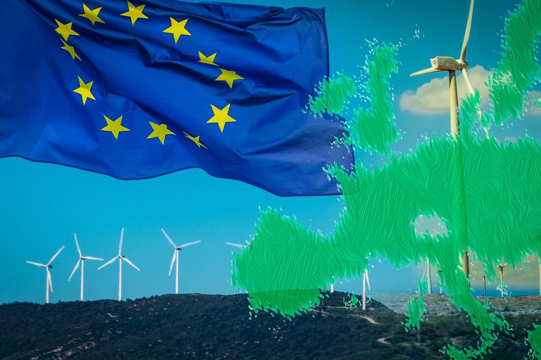 Composition,With,Wind,Turbines,,Eu,Flag,And,Eu,Green,Map.