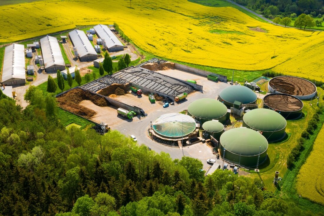 Biogas,Plant,And,Farm,In,Blooming,Rapeseed,Fields.,Renewable,Energy